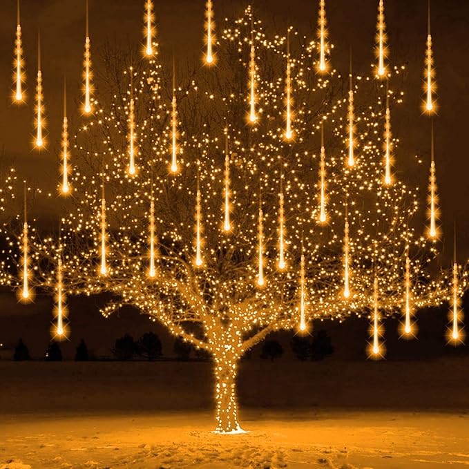 FUNPENY Meteor Shower Rain Lights, 288 LED Christmas Lights Icicle Snow Falling Outdoor Raindrop Light, Xmas Tree Holiday Christmas Halloween Decoration, Warm White