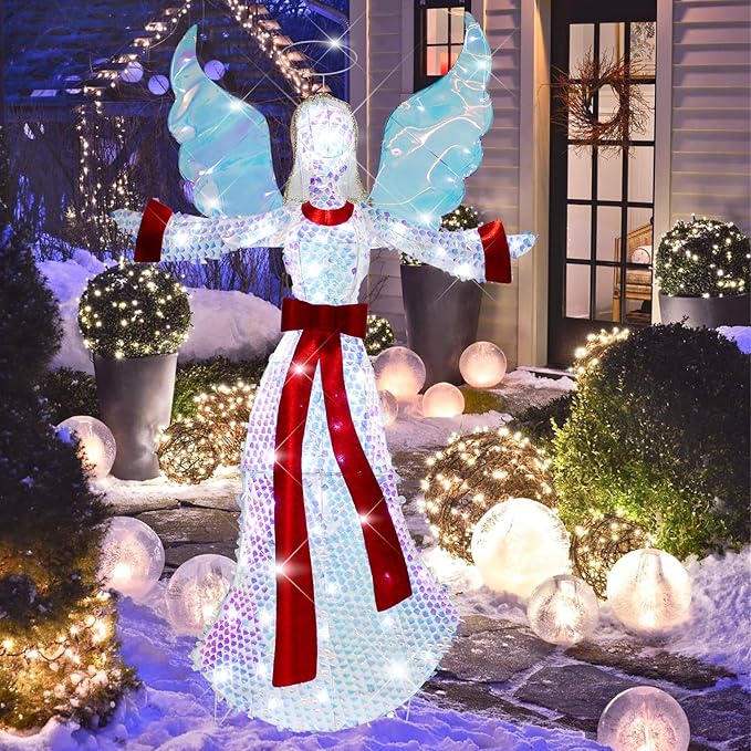 5FT Lighted-up Angel Christmas Decoration, 3D Halo Wings Angel Glitter Decor with LED Lights, Holiday Decorate The Yard Garden Lawn Porch