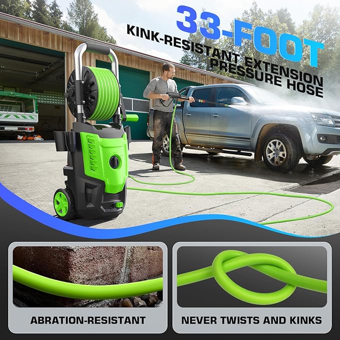 4800 PSI Pressure Cleaner- 4.0 GPM High Power Cleaner with 33FT Hose Reel, 4 Spray Tips and Soap Bottle for Car Washing, Fence Cleaning, Patio Maintenance（Upgraded）(Green)