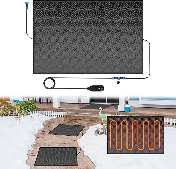 Snow Melting Mats Outdoor for Walkways Decks and Sidewalks, 20 x 30 in No-Slip Heated Outdoor Mats with 10 ft Power Cord, 3 in/h Speed Snow and Ice Melting Pads for Winter Backyards Snow Removal
