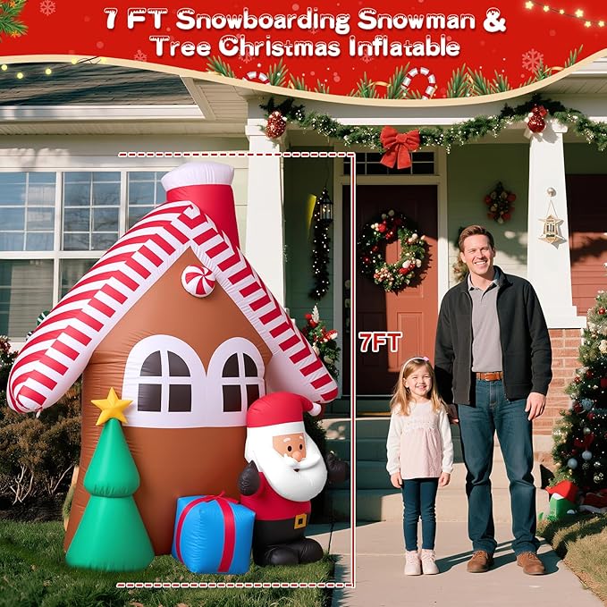 7 FT Christmas Inflatable Candy House with Santa Claus, Tree & Gift Box, Built-in LED Lights, Outdoor Blow Up Yard Decoration for Holiday Lawn Garden Party