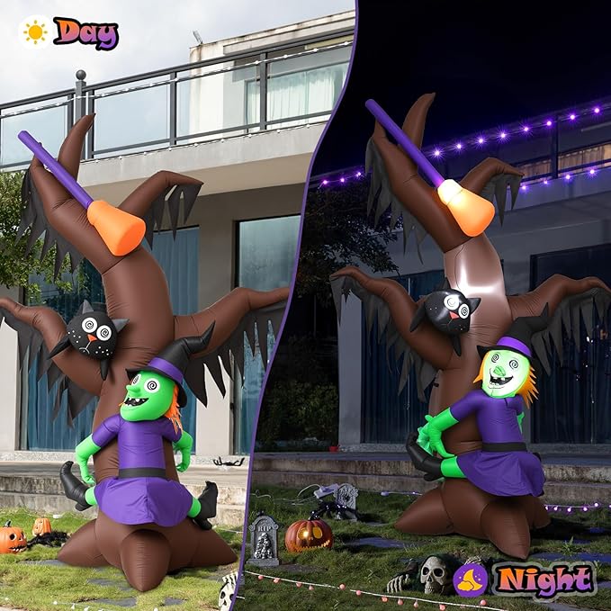 8FT Halloween Inflatables Witch Climbing Dead Tree with Cat & Broomstick, Large Blow Up Yard Decorations, Self-Inflating Spooky Outdoor Halloween Inflatable for Parties, Garden, Lawn