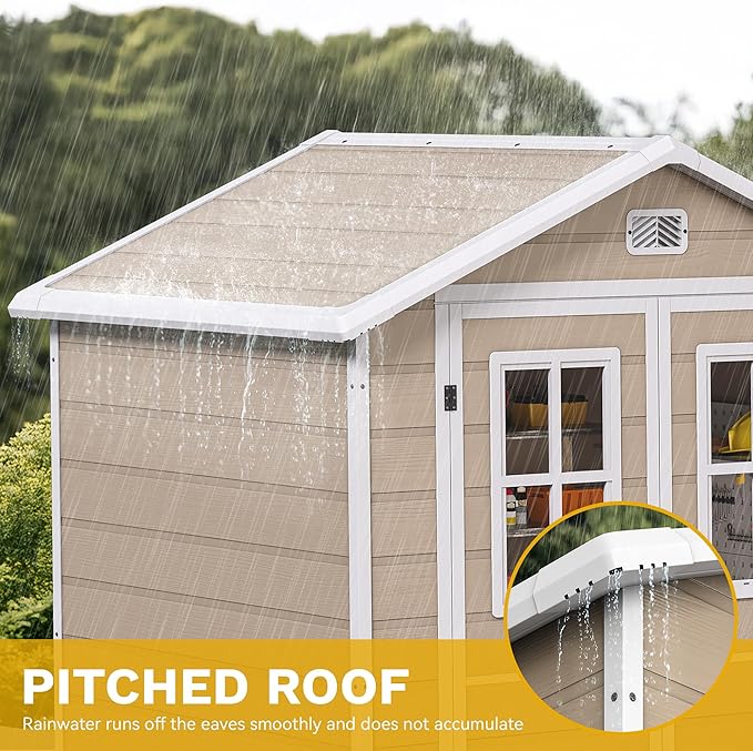 DWVO 6x4.4 FT Outdoor Storage Shed, Plastic Garden Tool Shed with 2 Windows, Double-Wall Outside Shed for Lawn Mower, Garden Tool for Backyard, Patio, Lawn, Lockable, Beige