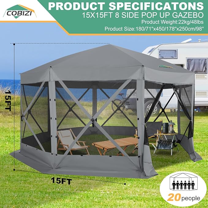COBIZI 15x15ft Extra Large Pop-Up Gazebo Canopy Tent with Mosquito Netting, Spacious Easy Set-Up Screened Shelter, Durable Outdoor Pavilion with Ground Stakes, Perfect for Patio, Backyard,Gray