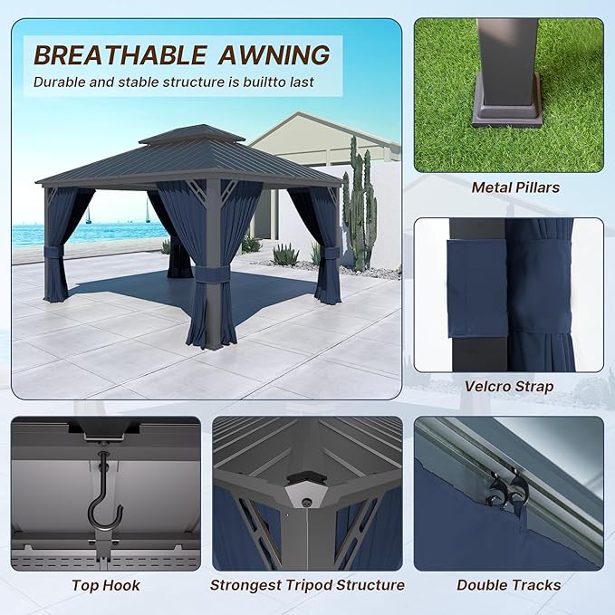 Gotland 12' x 14' Navy Hardtop Gazebo with Curtains and Netting, Double Roof Iron Metal Pergola for Patio, Garden, Lawn