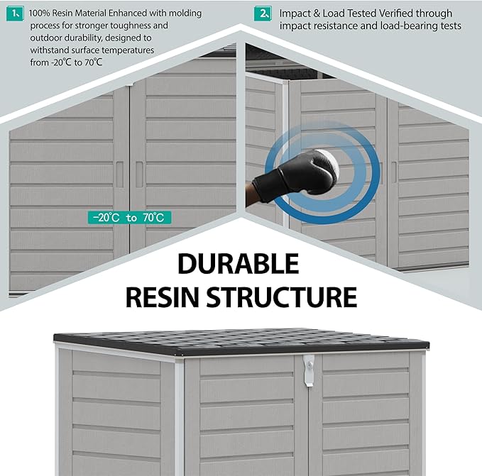 HUGROVE 49.5 Cu ft Storage Shed, 4.6 x 4.1 FT Outdoor Storage Horizontal Resin Shed, Weather Proof Water Proof PP Material, Lockable Door, Outdoor Storage Box for Trash Cans, Patio, Garden (4.6x4.1)