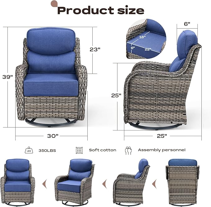Rilyson 4 Piece Outdoor Patio Swivel Rocker Chairs, Waterproof Wicker, High Back, Deep Seating, Wide Armrest, Upgraded 6 inch Thick Cushions, Ideal for Deck Porch Backyard, Mixed Grey/Blue