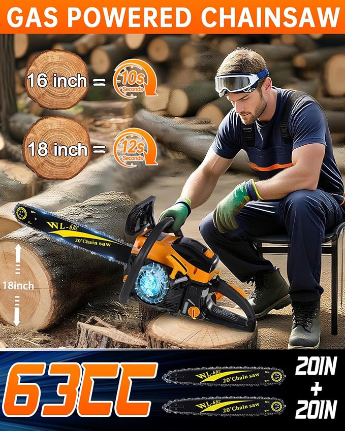 63cc Gas Powered Chainsaw 20 Inch, 3.2KW 2-Stroke Engine, Heavy Duty Gas Chain Saw with 2 Chains & 2 Bars, Automatic Oiler, Anti-Vibration Handle for Logging, Firewood & Tree Cutting