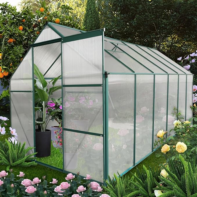 Favfurish 6x12 FT Greenhouse, Outdoor Polycarbonate Hot House, Garden Plants Green House with Raised Base, Sliding Door and Adjustable Vent Roof for Outdoor Patio, Green
