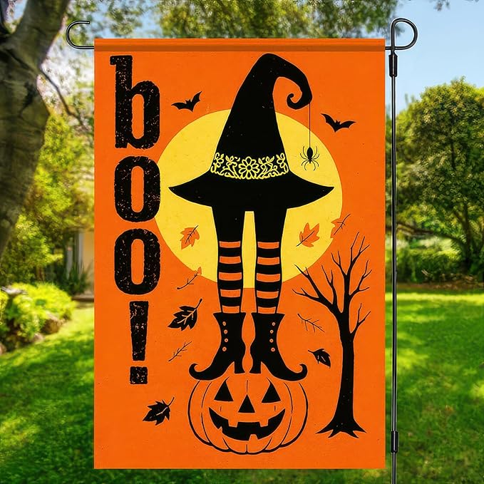Boo Halloween Garden Flag 12x18 inch Double Sided Witch Hat Legs Jack-O-Lantern Banner Spooky Pumpkin Flags Small Yard Flag for Halloween Outdoor Decoration Porch Lawn Garden Decor