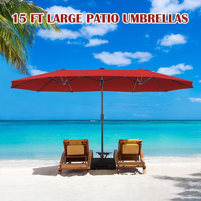Sundale Outdoor Olefin 5-Year-Non-Fading 15 ft Patio Umbrella with Sand Bag Base and Cover, Large Outdoor Double-Sided Umbrella