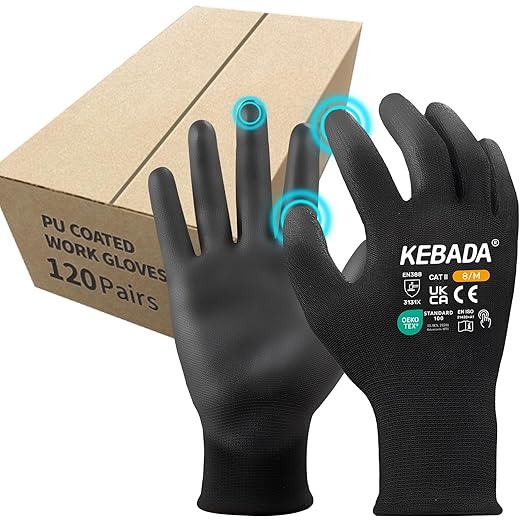 Kebada Safety Work Gloves,120 Pairs Bulk Pack, Touchscreen, PU Coated, Ideal for Warehouse, Construction, Gardening and Mechanics, Black, XX-Large