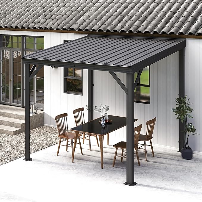 Domi 8’x8’ Lean-to Gazebo, Hardtop Wall-Mounted Gazebo Pergola with Sloping Galvanized Steel Roof and Upgraded Drainage System, Outdoor Permanent Metal Shelters for Patio Backyard Deck, Grey
