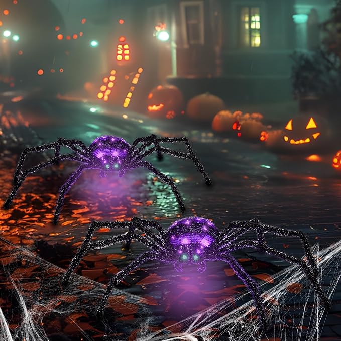 2 Pack 2.5Ft Giant Spider Halloween Decorations Outdoor 30" Light Up Spider with 30 LED Lights for Front Yard, Porch, Garden, Lawn, Halloween Party (Purple)
