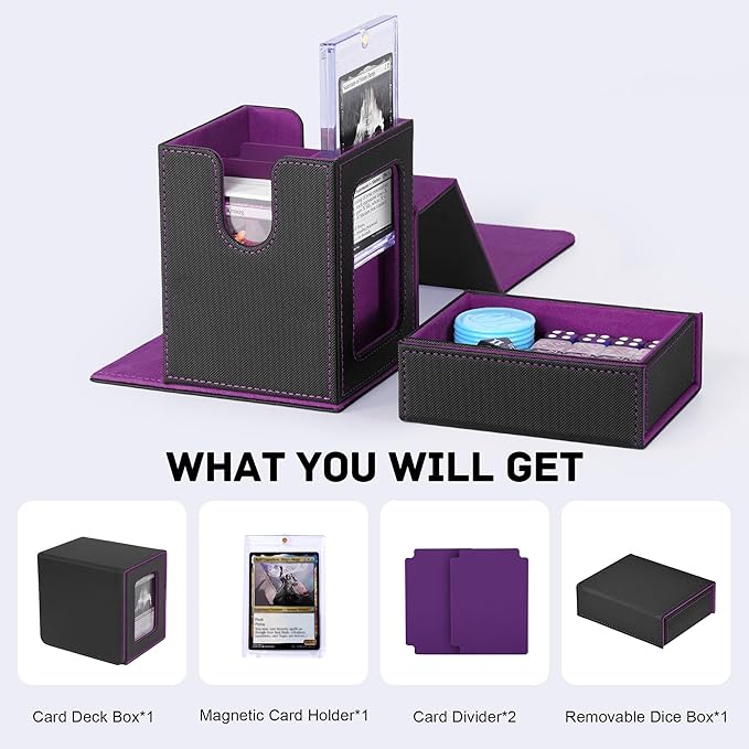 Trading Card Deck Box with Commander Display，2 in 1 MTG Storage Holds 100 Double-Sleeved Cards，1 Deck Boxes & Dice Tray Included，Fits MTG, TCG, PTCG & Sports Cards