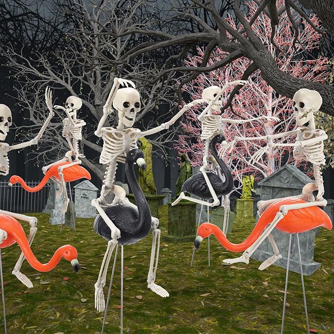 Geelin 12 Pcs Halloween Skeletons Flamingo Yard Decorations Skeleton Black Orange Buzzards Stakes for Halloween Lawn Garden Outdoor Party Decorations