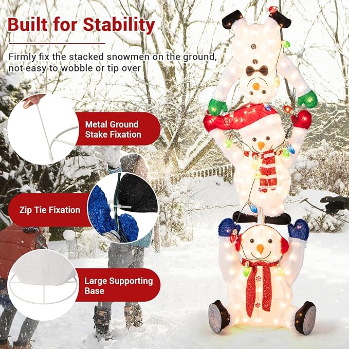 Tangkula 5.6 FT Lighted Christmas Stacked Snowmen Decoration, Pre-Lit Snowmen Ornament with LED Lights, Light String, Outside Xmas Yard Decor, Xmas Display Indoor Outdoor Holiday Decor