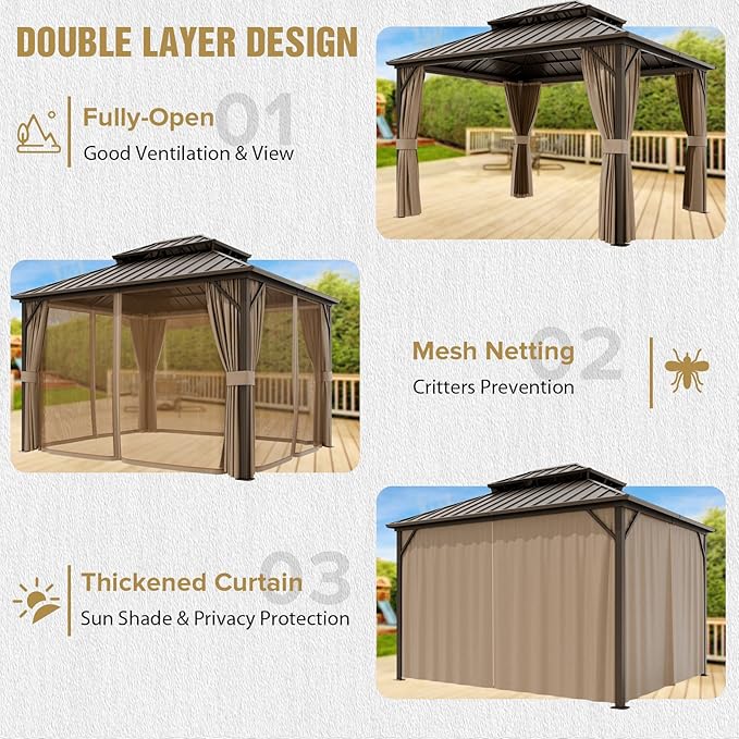 COOS BAY 12x10 Hardtop Gazebo with Aluminum Frame, Galvanized Steel Double Roof Outdoor Pavilion with Netting and Curtains, Dark Brown/Tan
