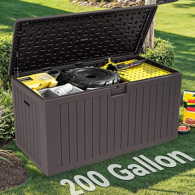 YITAHOME 200 Gallon Extra Large Deck Box, Double-Wall Resin Outdoor Storage Box with Flexible Divider for Patio Cushions Pool Supplies Garden Tools, 990 lbs Load Capacity, Lockable (Brown)