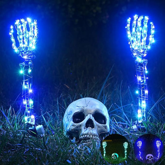 Halloween Lighted Skeleton Set, Skeleton Head & Arm Stakes with 2 Green 3 m LED Lights & 2 Purple 3 m LED Lights (3 Lighting Modes), Realistic Halloween Decor for Outdoor Garden Yard