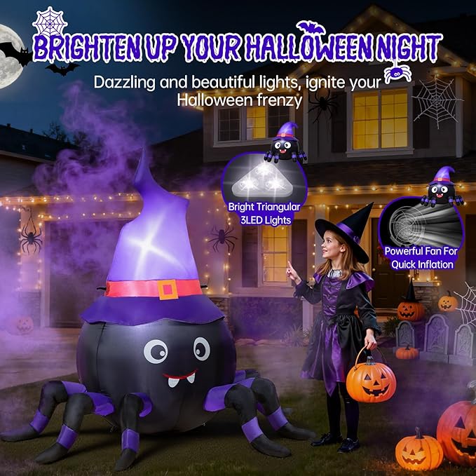5FT Halloween Inflatable Spider with Witch Hat Outdoor Decoration, Blow Up Yard Inflatable Decorations with Built-in LED Lights for Garden/Lawn/Holiday/Home Party Decor