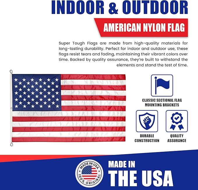 Super Tough 12ft x 18ft Nylon American Flag | Embroidered Stars and Sewn Stripes | Brass Grommets | Heavy-Duty Outdoor Flag | Fade Resistant American Flag Made in USA | All Weather Nylon