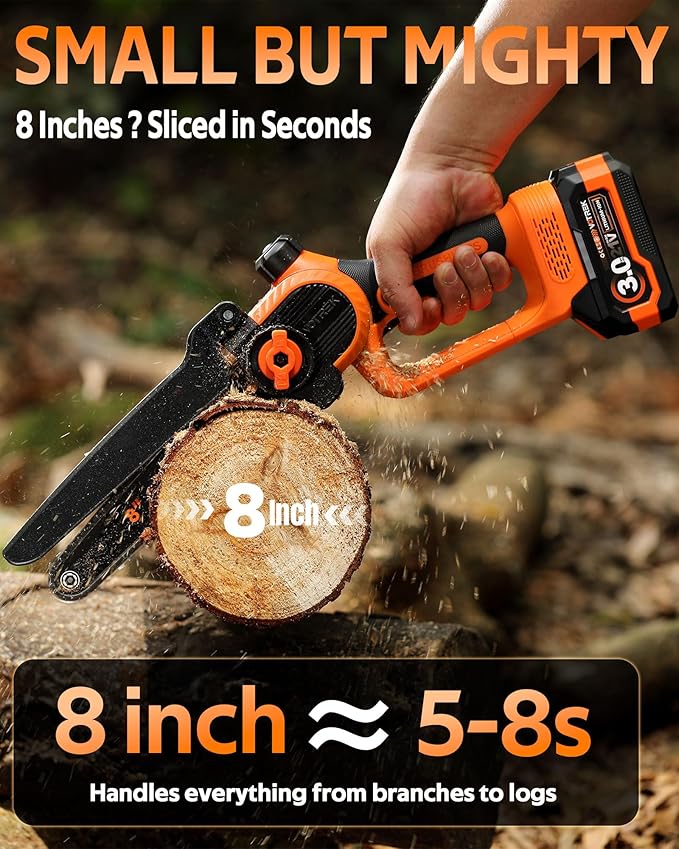 8-INCH Mini Chainsaw Cordless, [3.0AH] Battery Powered Electric Chain Saw, Handheld Small Hand Saw for Wood Cutting Tree Trimming Branch Cutter [Auto Oiler] [Tool-Free Tensioner] [Brushless]