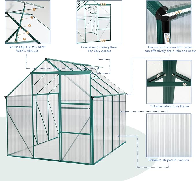 6x8 FT Polycarbonate Walk-in Greenhouses,Heavy Duty Hobby Green House,Storage Shed with Sliding Doors & Adjustable Roof Vent,Aluminum Sunroom Hot Houses for Outdoor Garden Backyard
