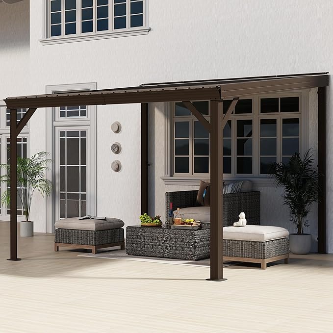 Domi 10'x10' Lean to Gazebo Hardtop, Expandable Wall Mounted Pergola with Gutters & Galvanized Steel Roof, 60MPH Wind Resistance, Outdoor Heavy Duty Metal Awning for Patio, Deck, Backyard - Brown