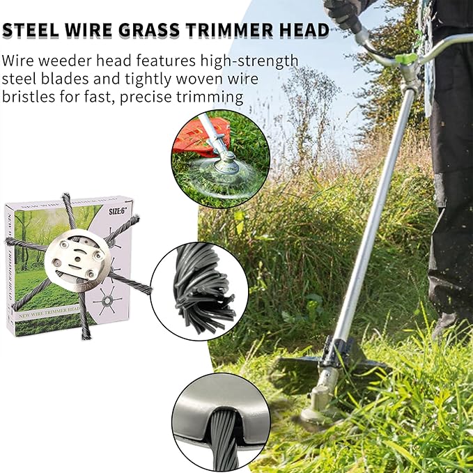 2025 New Steel Wire Grass Trimmer Head, 6 Inch Universal Steel Wire Trimmer Head with Adapter, String Trimmer Replacement Head for Electric Cordless Lawn Mower Tray (2PCS 6 Blades（6 Inch）)