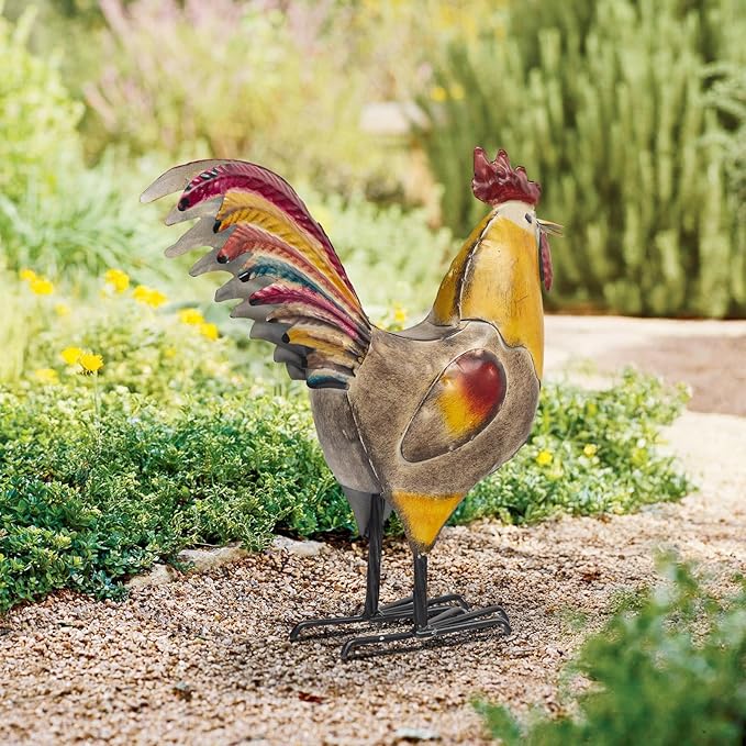 Metal Rooster and Hen Statues Set of 2, Indoor Outdoor Chicken Yard Art Decorations, Farmhouse Kitchen Table Garden Patio Lawn Decor, Gray Yellow Sculptures 12.2x11.5 Inch