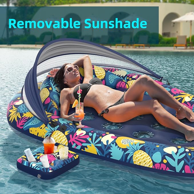 3-in-1 Pool Floats with Canopy Cup Holder, Large 73" x 48" Pool Floats Adults Heavy Duty, Inflatable Lounger Raft Floating Chair with Backrest, Swimming Pool Lake Beach Pool Party