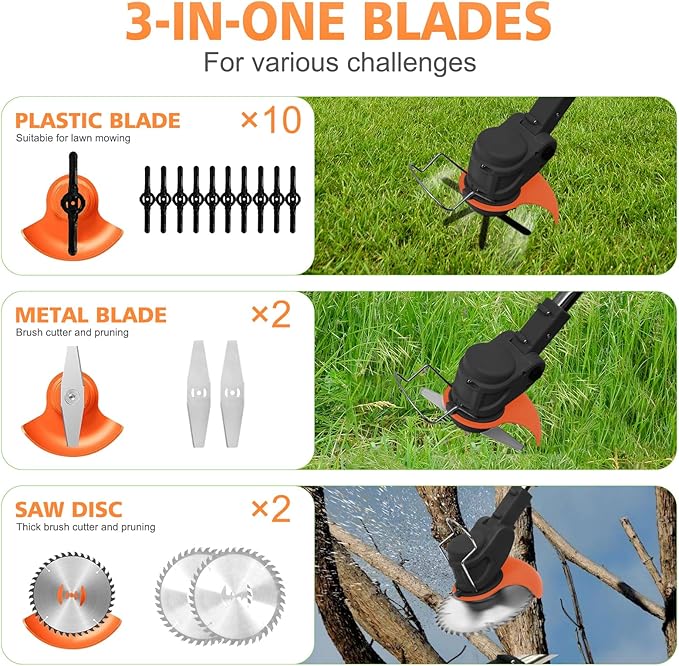 24V Electric Weed Wacker, Cordless String Trimmers with 2 Batteries & Charger, 3 in 1 Stringless Brush Cutter/Weed Eater/Edger/Lawn Mower with 3 Types Blade & Wheels for Garden and Yard Lawn