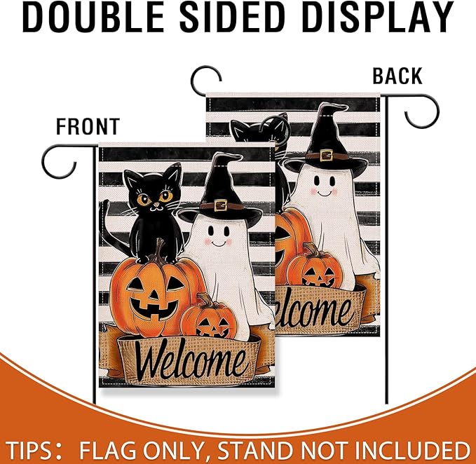 Artofy Welcome Halloween Black Cat Ghost Small Decorative Garden Flag, Spooky Jack O Lantern Pumpkin Yard Lawn Outside Decor, Funny Stripes Burlap Outdoor Home Decoration Double Sided 12 x 18