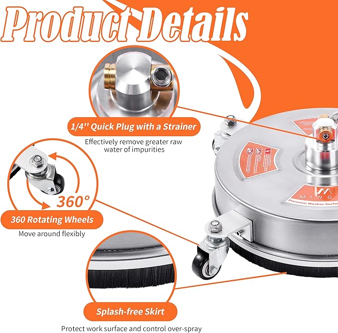 M MINGLE 14'' Pressure Washer Surface Cleaner Attachment, Driveway Power Washer Accessory with 2 Extension Wand, 1/4" Quick Connect, 4000 PSI