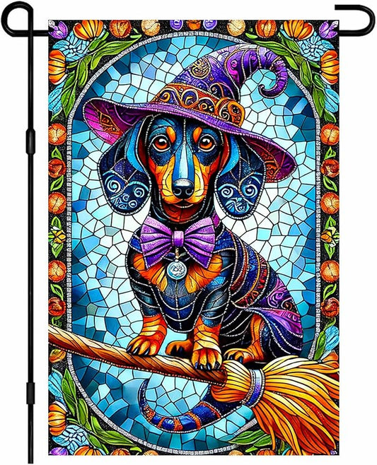 Happy Halloween Garden Flag 12x18 Inch Dachshund Witch Dog Flag Stained Glass Style Yard Banner Double Sided Halloween Outdoor Decorative Flag for Porch Lawn