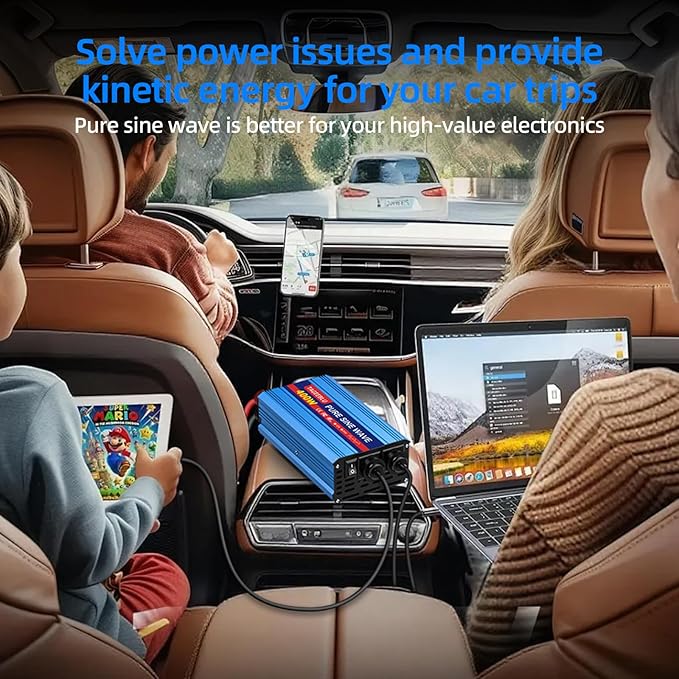 400W Pure Sine Wave Inverter, 12V DC to 110V/120V AC Car Power Inverter with 2 AC outlets and LCD Display