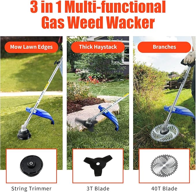 5 in 1 Multi Functional Trimming Tools 41.5cc Gas Hedge Trimmer Weed Eater String Trimmer Brush Cutter Pole Saw for Tree Trimming Grass Brush Cutting