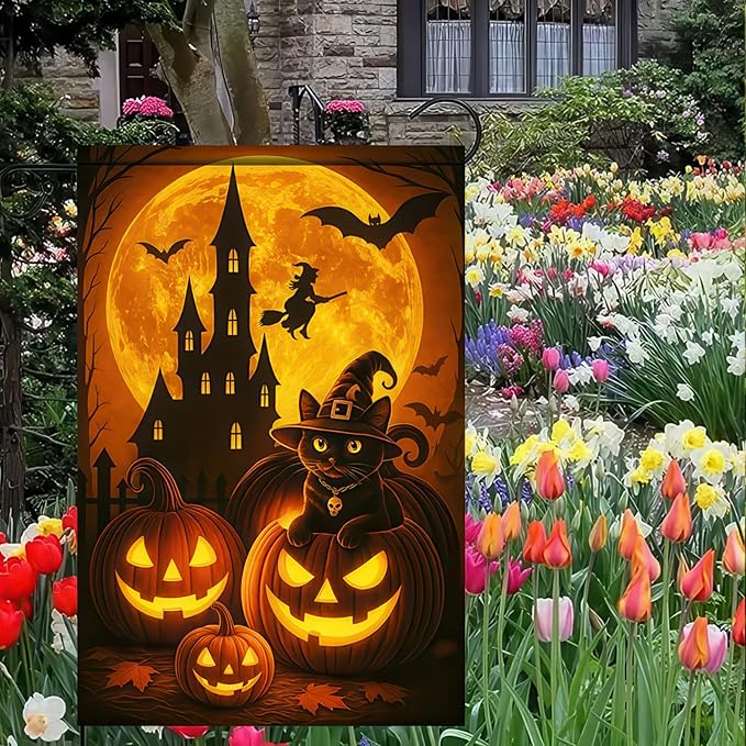 Happy Halloween Garden Flag 12x18 Inch Double Sided Black Cat Flags Pumpkin Witch Haunted Castle Banner Moon Bat Spooky Small Yard Flag for Halloween Outdoor Decoration