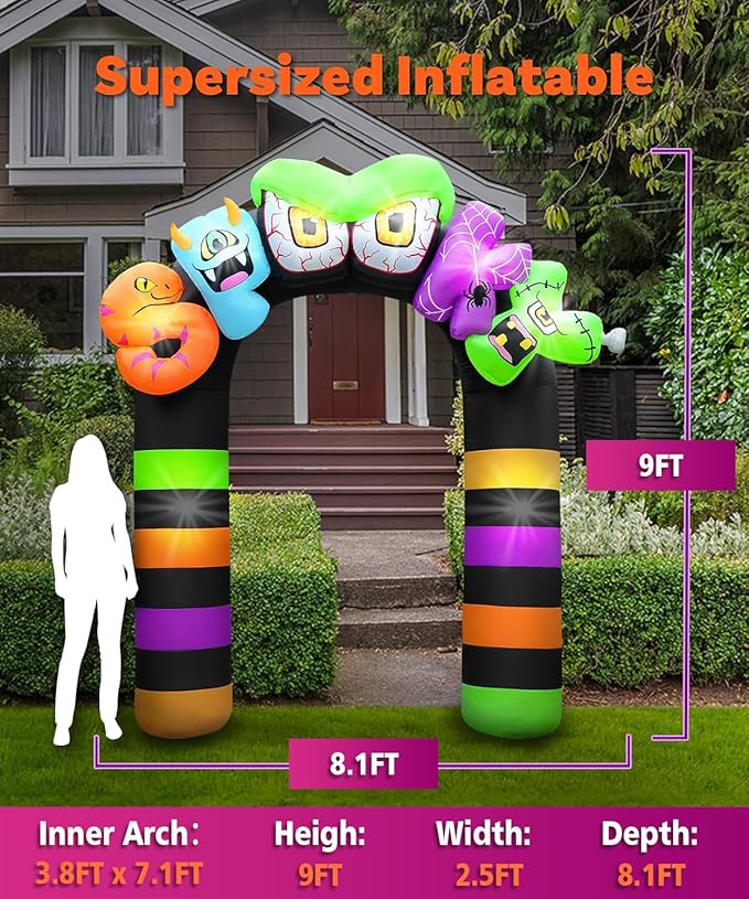 Giant Halloween Inflatables 9FT Spooky Archway, Halloween Inflatable Arch Built-in 8 LED for Spooky Halloween Inflatables Outdoor Decoration Graden Lawn Decor Party Haunted House