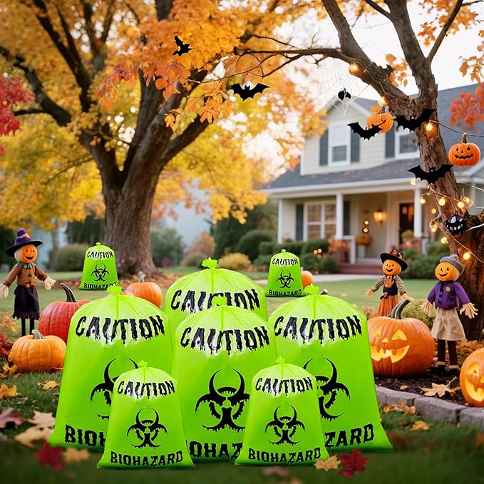 12 Pcs Large Halloween Leaf Bags Biohazard Halloween Decorations Halloween Trash Bags for Leaves Plastic Yard Lawn Waste Bag Scientist Biohazard Bag Outdoor Biohazard Zombie Party Decorations (Green)