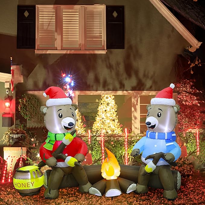 Joliyoou 7FT Christmas Inflatable Decorations, Light Up Sitting Bears Roasting Marshmallows Over Campfire, Xmas Lighted Blowups for Winter Yard Lawn Garden Indoor Outdoor Decor