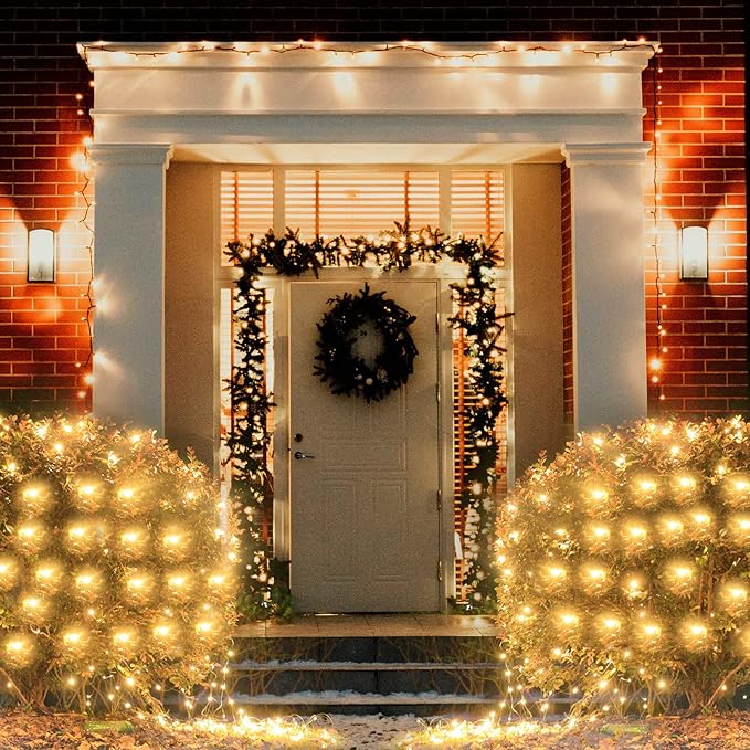 Warm White Net Lights, 360 LED Christmas Lights Outdoor, 21ft x 5ft Large Net Mesh String Lights, 8 Modes Twinkle Light Connectable Plug in for Bushes Halloween Hedge Yard Garden Party Decor