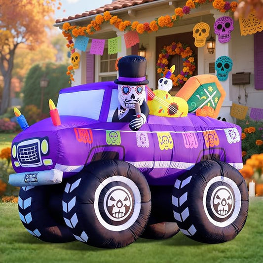 DomKom 7FT Halloween Inflatable Blow Up Decorations, Dia de Los Muertos Day of Dead Catrina Skulls Monster Truck, Built-in LEDs for Holiday Party, Garden, Lawn, Yard, Patio Décor