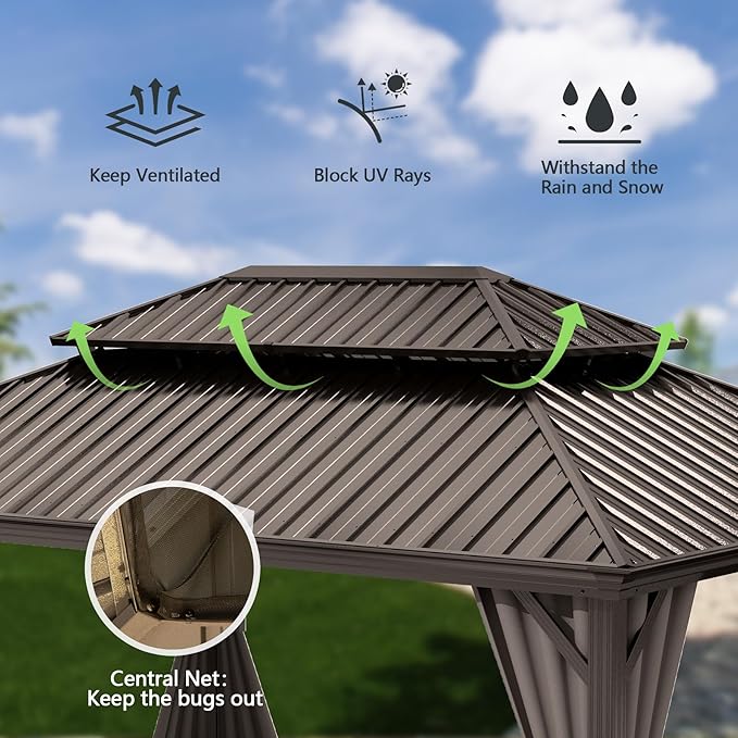Domi 12x16FT Outdoor Gazebo, Hardtop Gazebo with Galvanized Steel Double Roof, Metal Gazebos with Drainage System Patio Pergola for Patio Deck Backyard,Curtain and Netting,Brown
