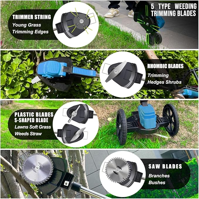 Cordless Weed Wacker Eater Battery Powered, 21V Lightweight Electric Weed Trimmer with 2 Battery Operated & Charger& Wheels & Shears, No-String Grass Trimmer/Brush Cutter/Lawn Edger for Yard Garden