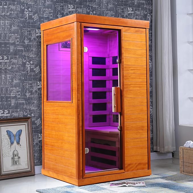 Far Infrared Saunas for Home, 1 Person Sauna Indoor Okoume Wood 1170W Low Emf Dry Sauna Room with Bluetooth Audio, 6 Heaters Panels and Tempered Glass Door (Natural, 35.4" * 27.5" * 63.3")