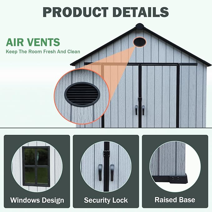 KIGOTY Outdoor Storage Shed, Weatherproof Tool Sheds Storage House with Lockable Doors, Windows and Sloping Roof, Outdoor Storage, Plastic Garden Shed for Backyard, Patio (7 X 9)