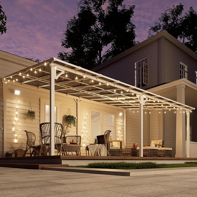 MEISSALIVVE Wall Mounted Lean to Metal Awnings - 12' x 20' White Sloped Roof Gazebo Pergola for Backyard Deck Patio, White