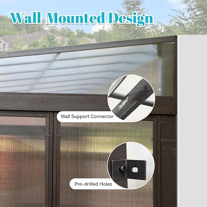 10x14FT Wall Mounted Sunroom Kit All Season, Outdoor Enclosed Gazebo Lean to Solarium with Detachable Polycarbonate Roof/Windows, 2 Lockable Sliding Doors, Permanent Aluminum Sun Room for Patio